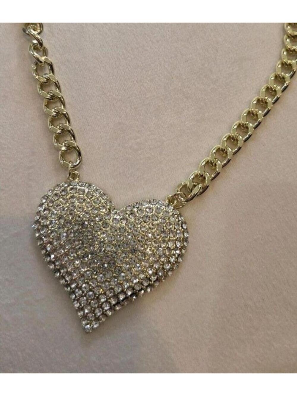 Gold Tone Cuban Link Heart Pendant Necklace Pavé Rhinestone Fashion Jewelry
